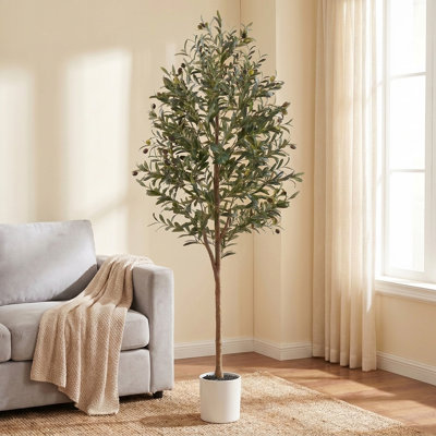 Arbre à olives artificiel de 71 po de hauteur, 6 pi, olivier artificiel réaliste avec des feuilles denses et un tronc naturel, arbre de sol en pot sans entretien pour la décoration de coin de bureau à domicile