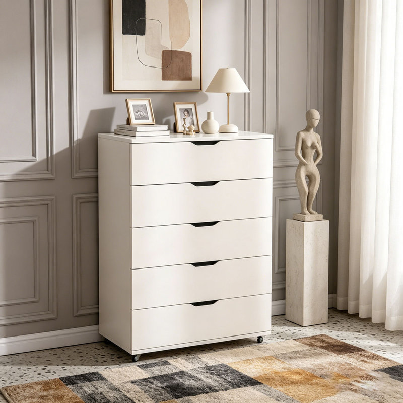 Commode mobile à 5 tiroirs avec roulettes, Blanc
