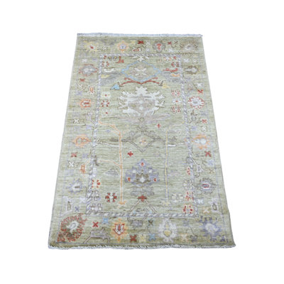 Tapis oriental 3 pi 2 po x 5 pi vert Laurel Oushak avec motif de feuilles partout, noué à la main, 100% laine, teinture végétale, tapis oriental