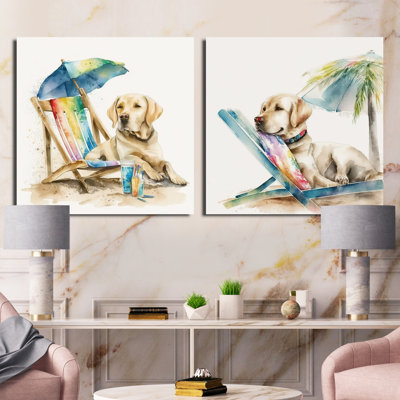 Chien allongé sur une chaise à la plage - ensemble de 2 animaux carrés