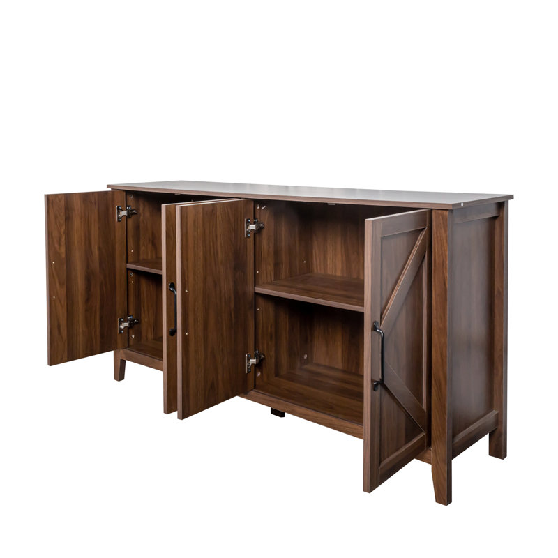 Buffet autoportant avec 4 portes et tablettes ouvertes - Vaste espace de rangement pour la chambre à coucher, le salon, la salle à manger en noyer, le bureau facile à nettoyer