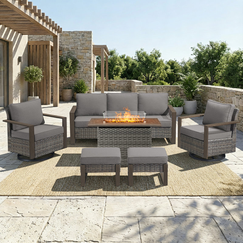 6-Piece Outdoor Rattan Modern Garden Fire Pit Set With Sofa, Swivel Chairs And Ottomans, Gray, Gray