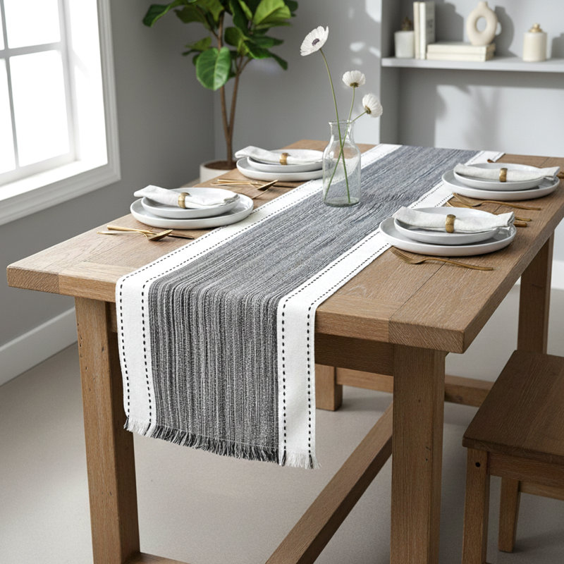 Cotton Woven Table Runner, Dining Table Runner, Farmhouse Style Dresser Scarf Black 14" x 90", Black, 14" W x 90" L