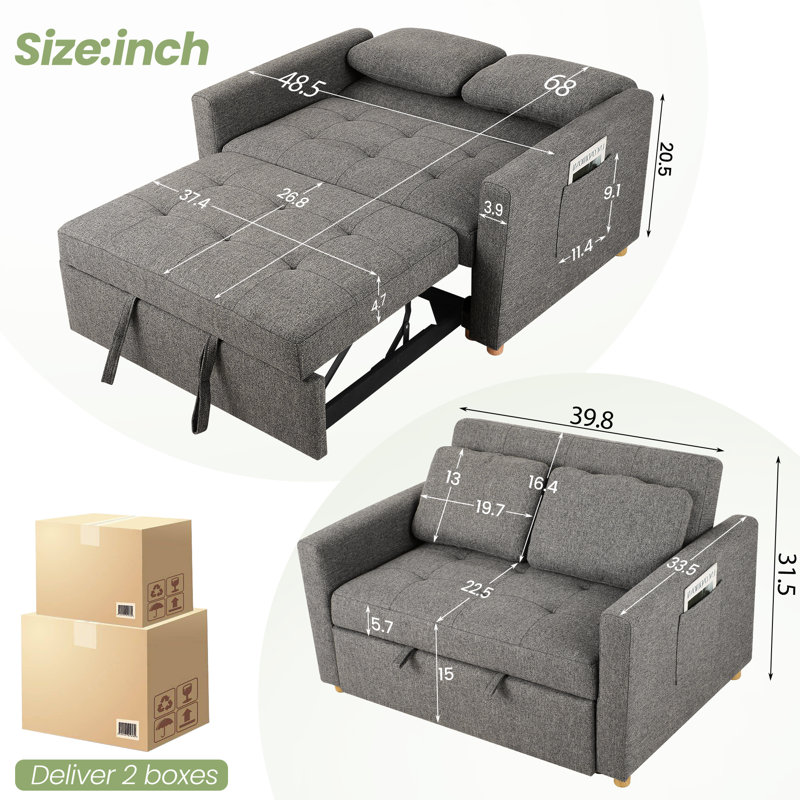 Ross 48.7"W Square Arm Linen Back Convertible Sleeper Sofa with Cushions, Adjustable Backrest for Small Spaces, Living Room