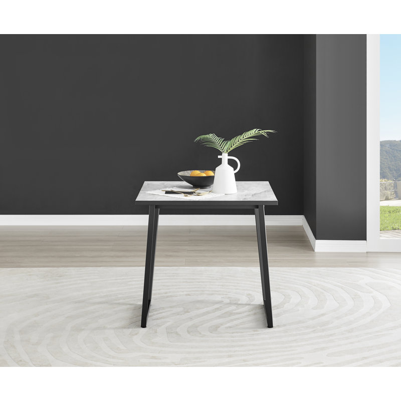 Industrial Design White & Grey Marble Effect Melamine Dining Table Set with 2 Faux Leather Chairs, Beige/Black
