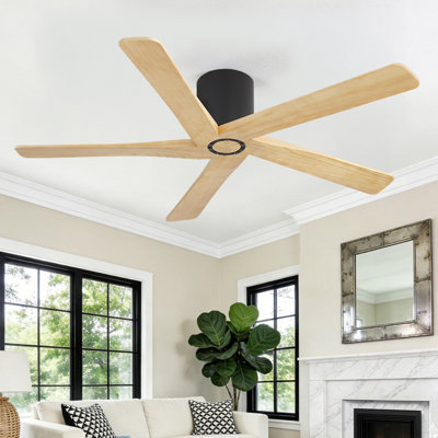 Ventilateur de plafond encastrable 48 po à 6 vitesses et 5 pales en bois sculpté à profil bas