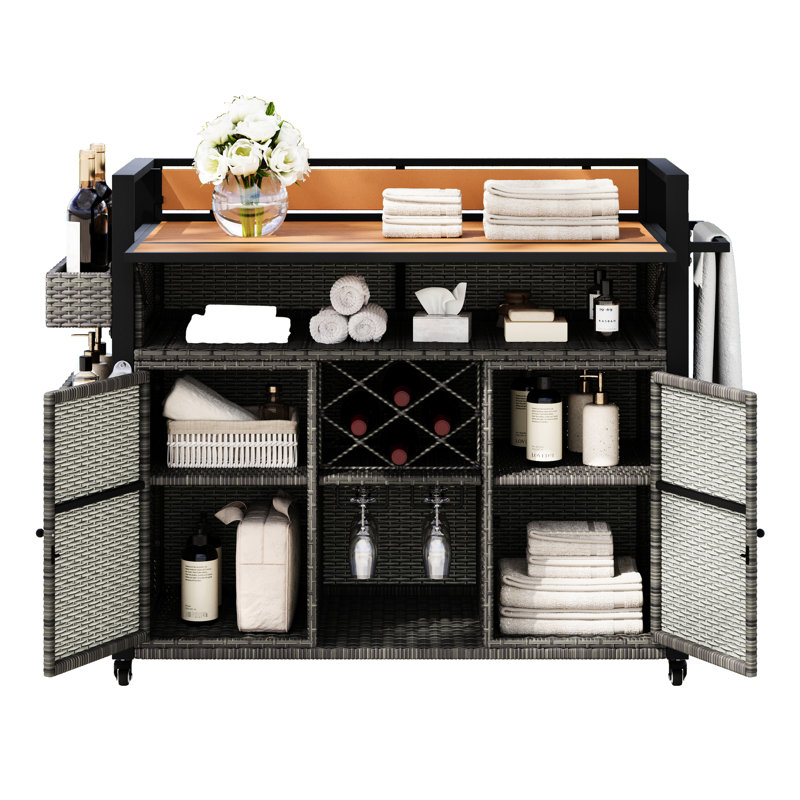 Grey Outdoor Grill Cart With Lockable Wheels, Steel Structure, Extended Table, Foldable Design, Multiple Storage Spaces, Wine Bottle Holder Exterior, - Wood Tabletop, Spice , Glass Holder,