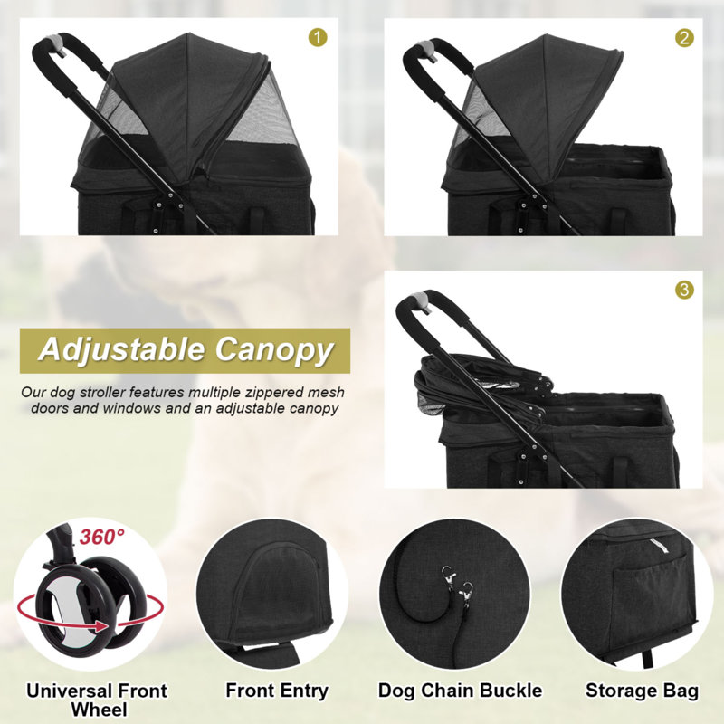 Black Linen and Stainless Steel Pet Stroller with Detachable Carrier
