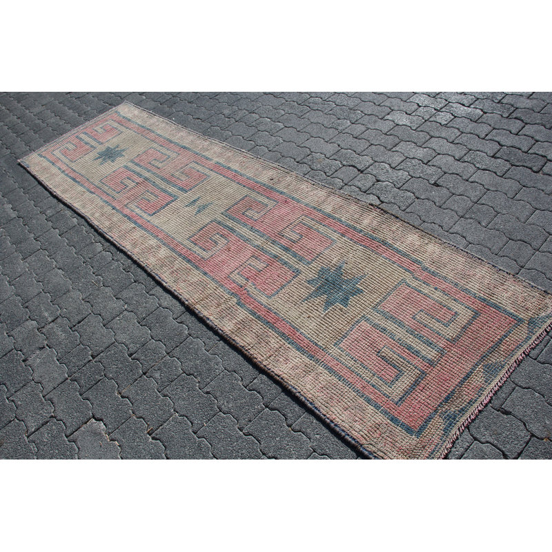 Tapis Anatolian fabriqué à la main: chemin de table en laine turque rétro avec motif géométrique pour le couloir