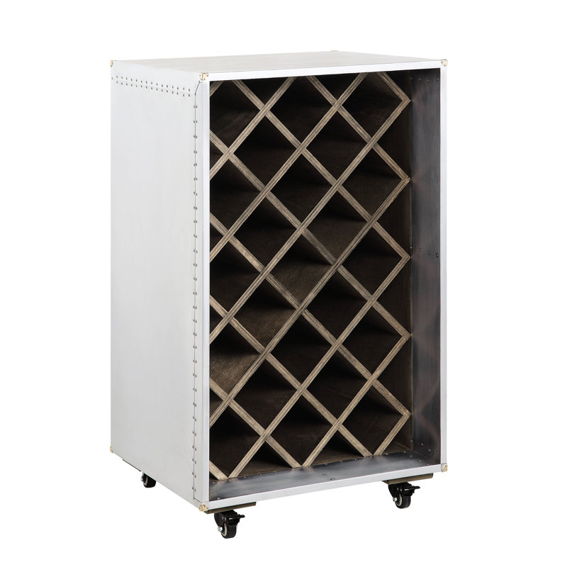 Armoire à vin en aluminium et bois synthétique, structure en patchwork, 4 roulettes, peut contenir 23 bouteilles, couleur argent, 18,64 po de profondeur, 20,44 de largeur, 34,22 de hauteur avec style, convient au bois, hauteur