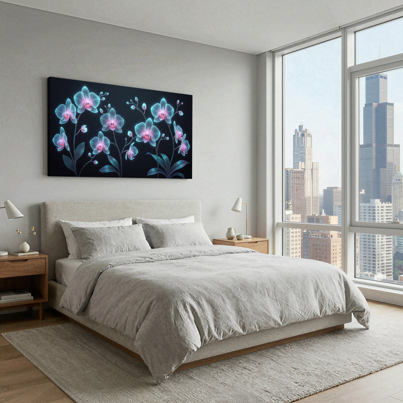 Orchidées bleues et roses sur fond noir, 40“W x 20”H