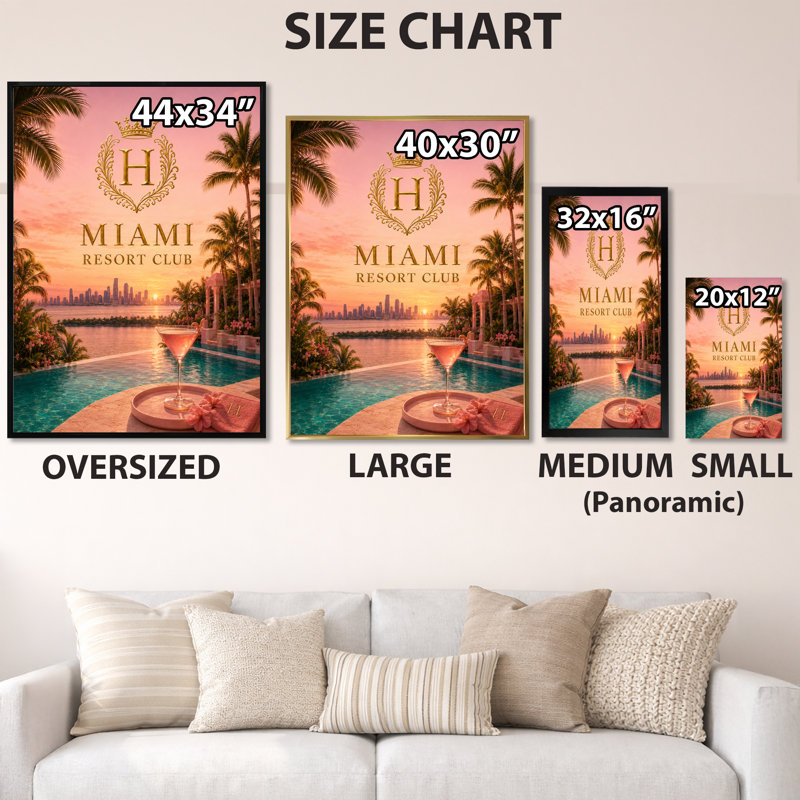 Miami Resort Club Sunset - Décoration murale glamour sur toile, 20" H x 12" W, Natural Picture Framed