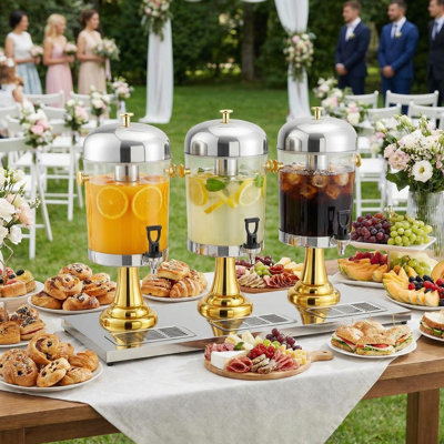 Distributeur de boissons en acier inoxydable à 2 réservoirs avec carotte de glace, support, égouttoir à broche - service commercial de boissons froides pour jus, thé glacé à la limonade, idéal pour les fêtes, les mariages et les événements
