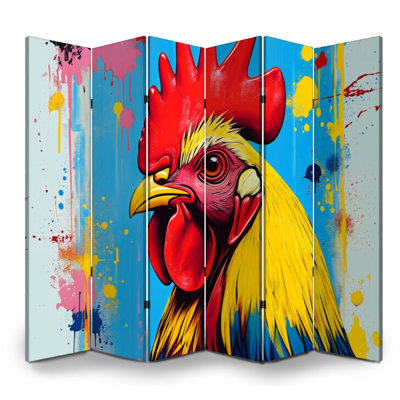 Paravent rustique à 6 panneaux, motif coq coloré et abstrait, séparation de pièce en toile, cloison de protection autoportante pour plus d'intimité