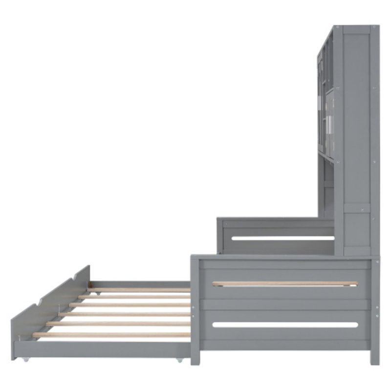 Twin Size Wooden Daybed With Trundle and All-in-One Cabinet, Gray