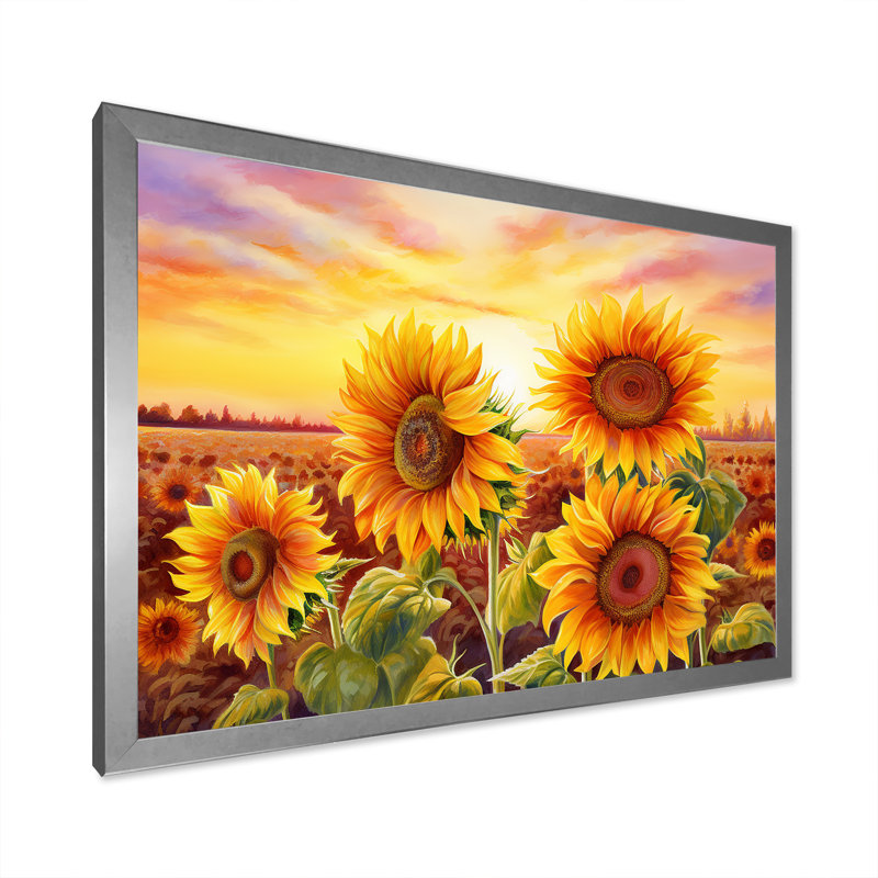 «Burning Sunset Sunflowers Field» sur toile, Cadre photo argenté, H 12 po x l 20 po x P 1 po