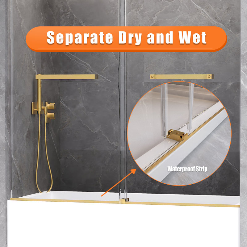 56-60 in. W x 66 in. H Double Sliding Frameless Tub Door in Brushed Gold with 5/16 in.（8mm）Clear Tempered Glass, Brushed Gold