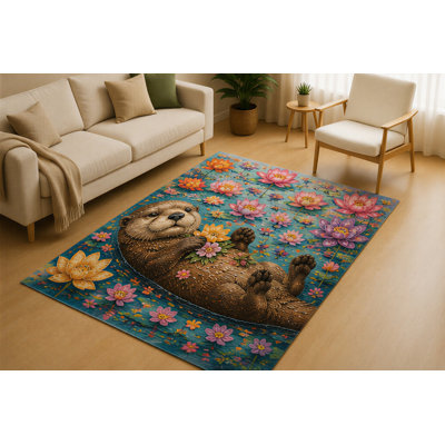 "Ultra Thin" 5' x 7' Sea Otter Water Lily Area Rug for Living Room, Soft Low Pile Indoor Rug with Non-Slip Silicone Backing, Coastal Nature Carpet for Bedroom, Family Room, Kids & Pets, Blue Brown