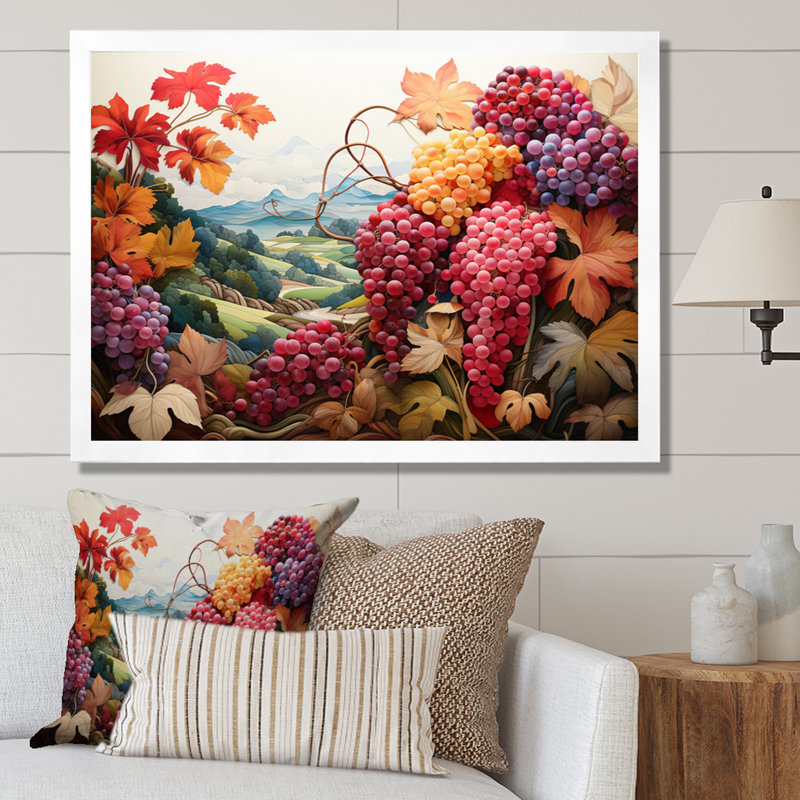 «Atworth Pink Coral Grapes Vineyard Pointillism», reproduction, Cadre simple blanc, H 16 po x l 32 po x P 1 po