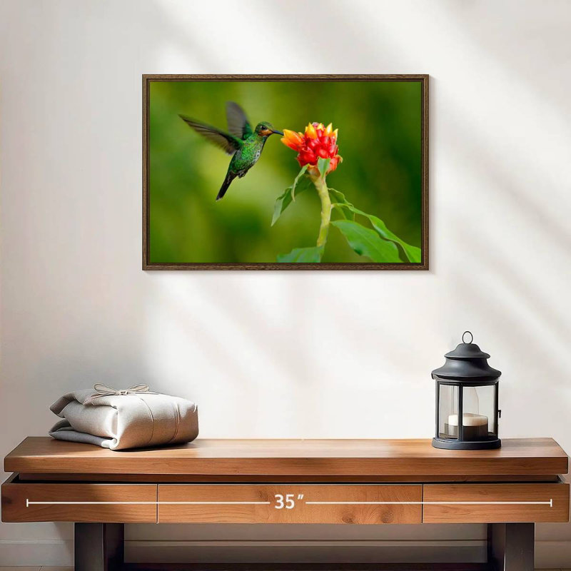 Fleur et colibri vert, 19 po x 13 po, Cadre flottant noyer