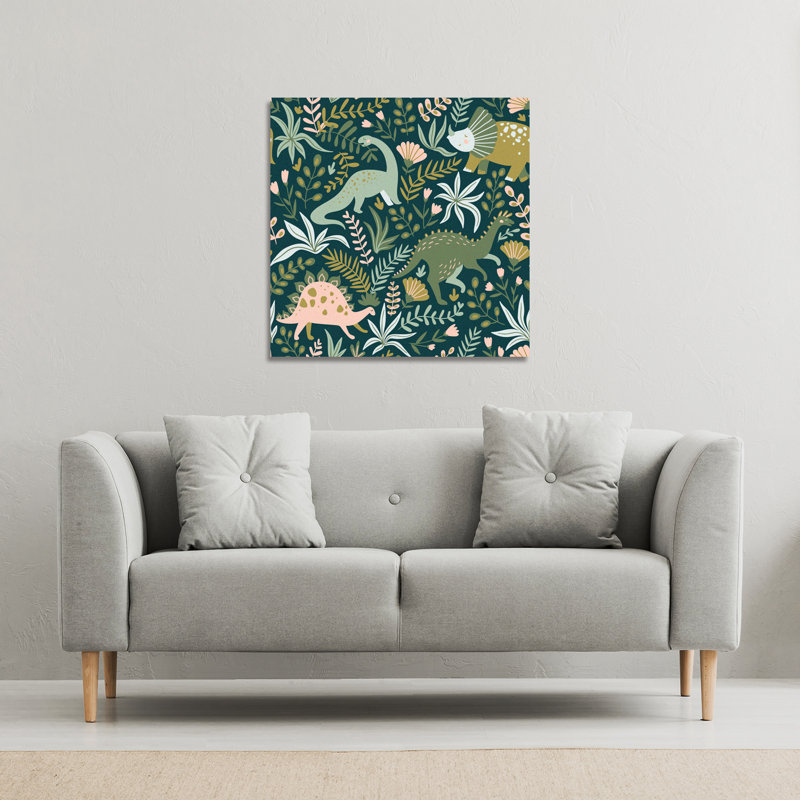 Hand Drawn Dinosaurs And Tropical Leaves And Flowers. Canvas Print by Andrew Lee - Wrapped Canvas Print