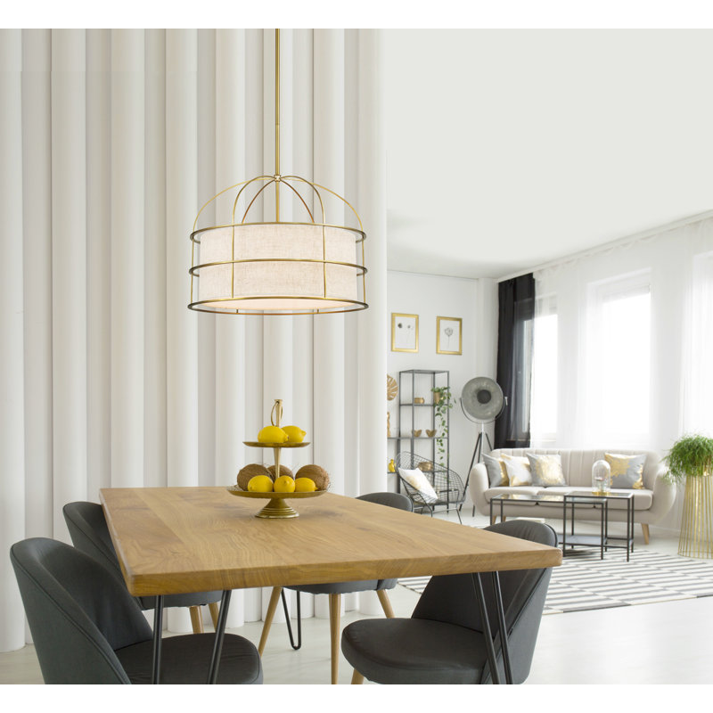 Latitude Run Gateway With Oatmeal Linen Pendant Light, Soft Brass