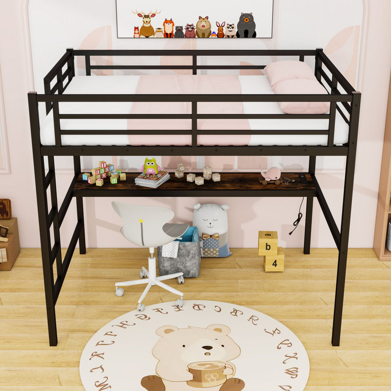 Metal Loft Bed With Built-In LED Light, USB Charging Station And Desk, Full