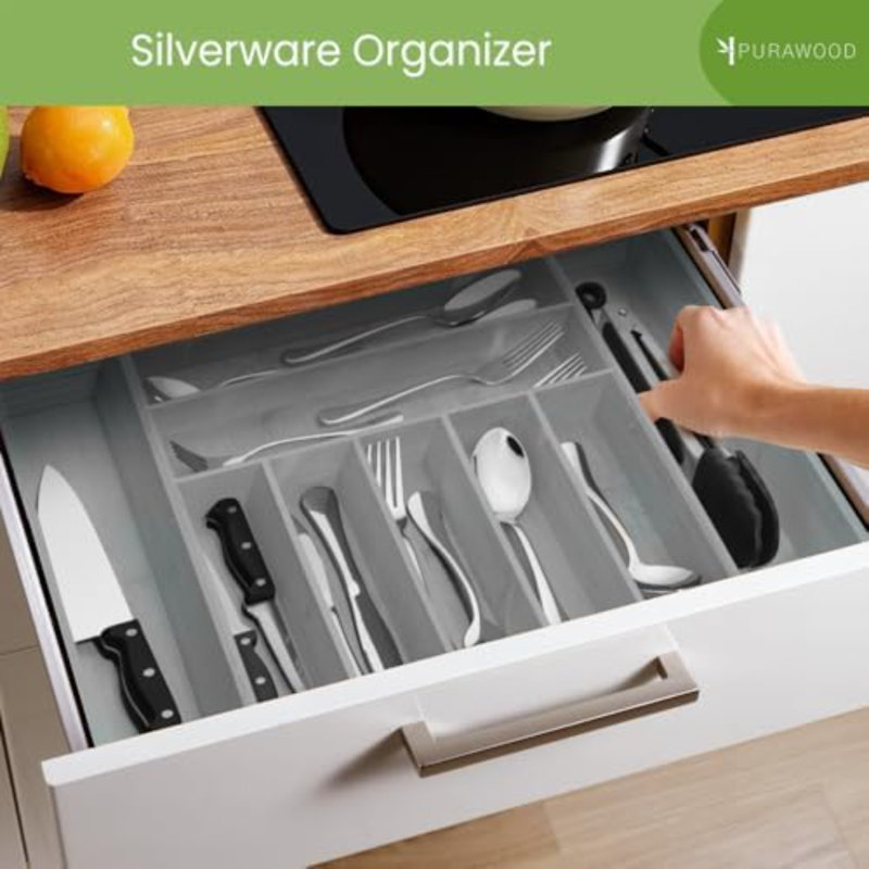 Organisateur de tiroir en bambou - Organisateur à ustensiles extensible et organisateur d'ustensiles, plateau à couverts avec séparateurs, 7 à 9 fentes - Organisateur de tiroir de cuisine de qualité supérieure pour ustensiles et couverts (gris)