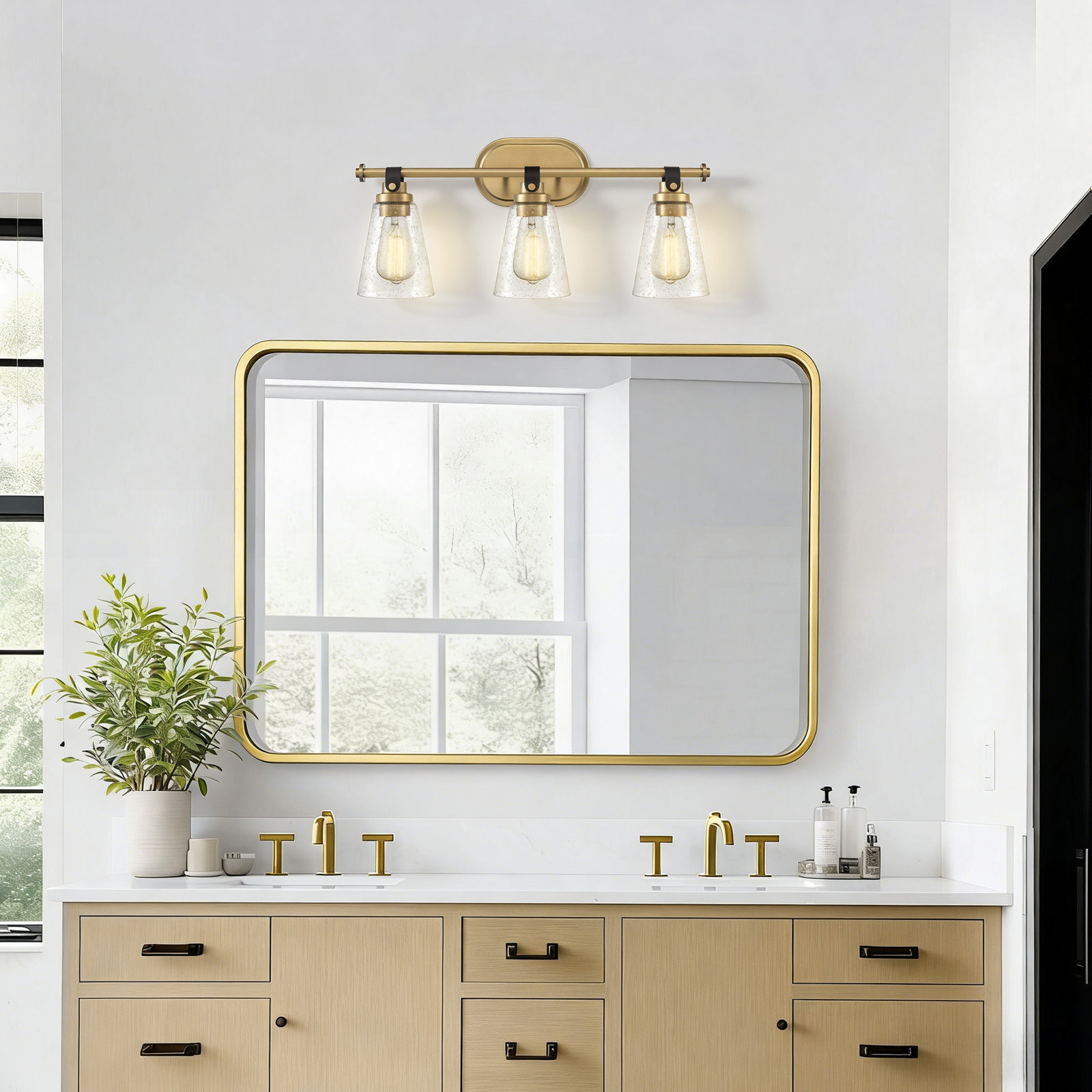August Grove® 4-Light Seeded Glass Vanity Light, Antique Brass, 3 Lights