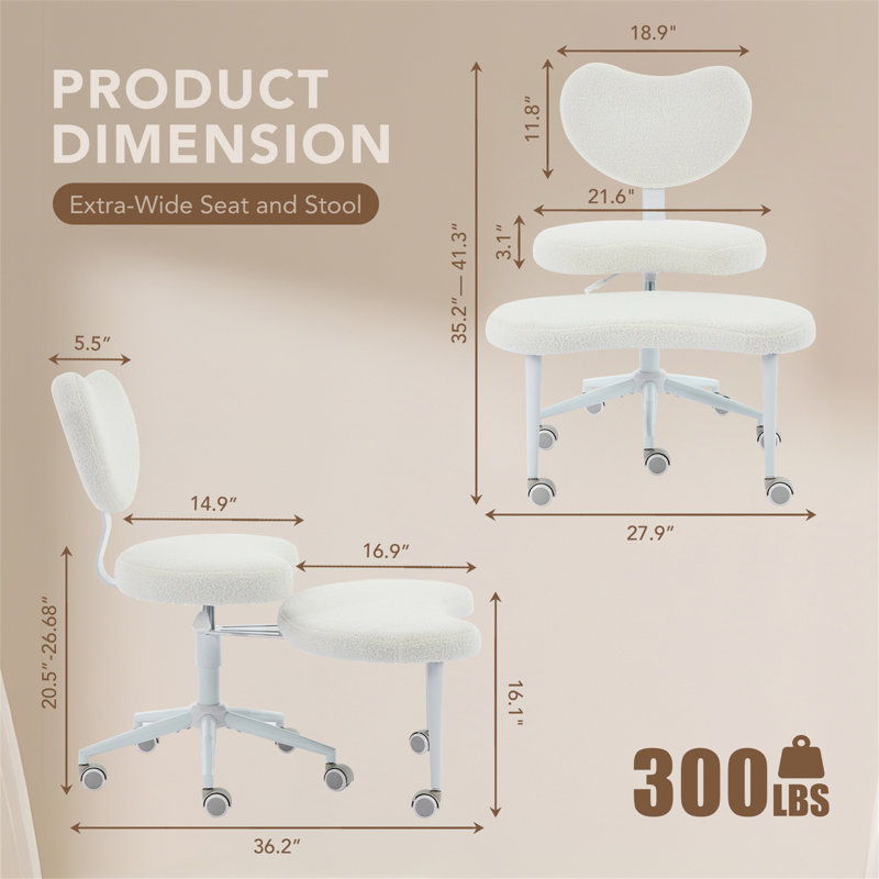 Cross Legged Office Chair, 360° Swivel Yoga Meditation Chair, Ergonomic Height Adjustable ADHD Criss Cross Office Chair With Wheels, Lumbar Support For Office, White