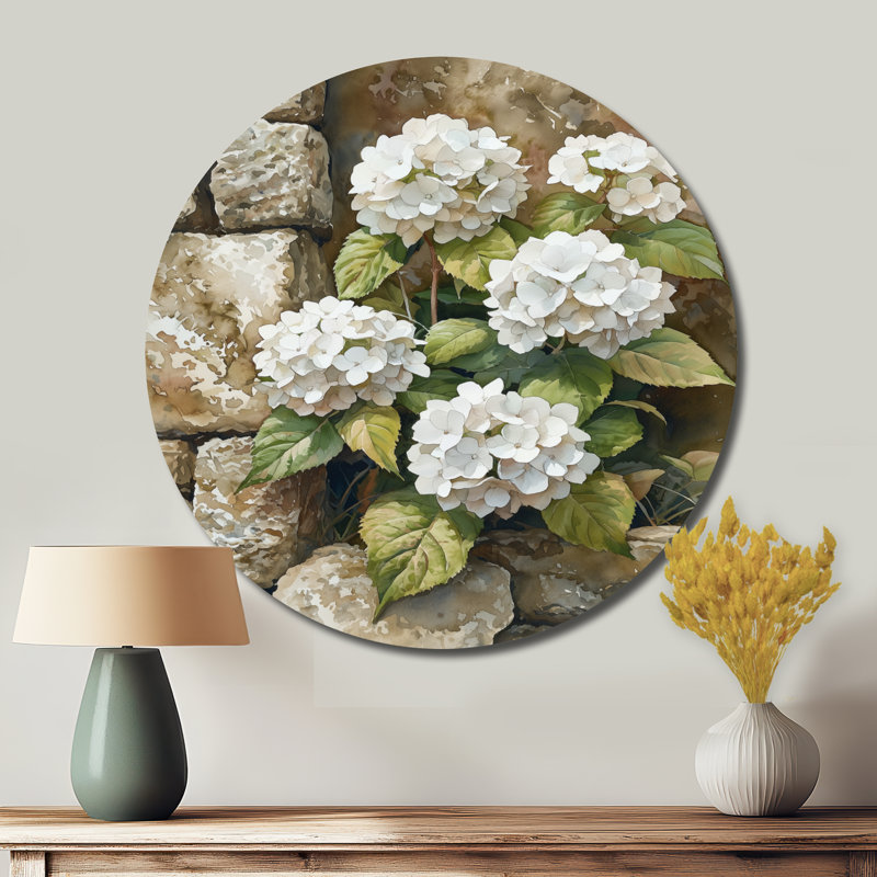 «Hydrangeas By The Stone Wall», reproduction d'art en métal blanc traditionnel, Hydrangea, art mural rond en métal
