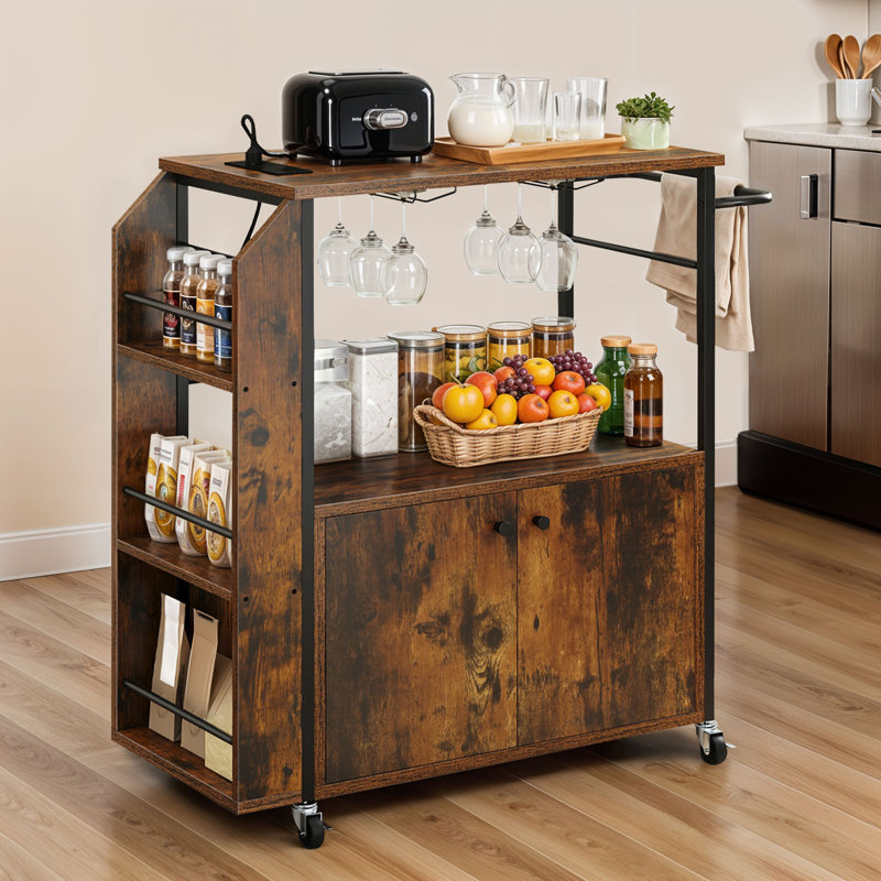 Tanyjah Portable Serving Cart Kitchen Cart With Charging Station and Stemware Rack, Rustic Brown