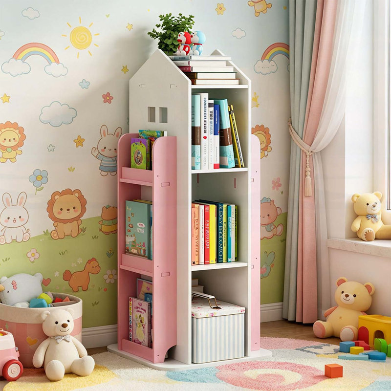 Bibliothèque rotative à 4 niveaux, tablette de présentation à 360 °, durable et sécuritaire pour les chambres d'enfants, assemblage facile, rangement à compartiments multiples