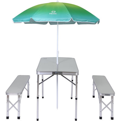 Folding Picnic Table with 2 Benches & Umbrella, Mesh Net for Outdoor, Patio, Lawn, & Backyard