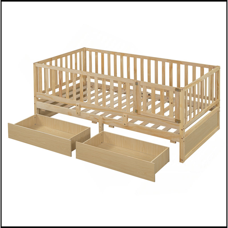 Lit de jour simple en bois avec garde-corps de clôture et 2 tiroirs, divisée en lit de jour indépendant et lit de jour