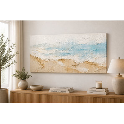Soft Coastal Neutral Abstract Landscape Canvas Wall Art, Textured Beige and Blue Minimalist Painting, Modern Wrapped Canvas Wall Decor