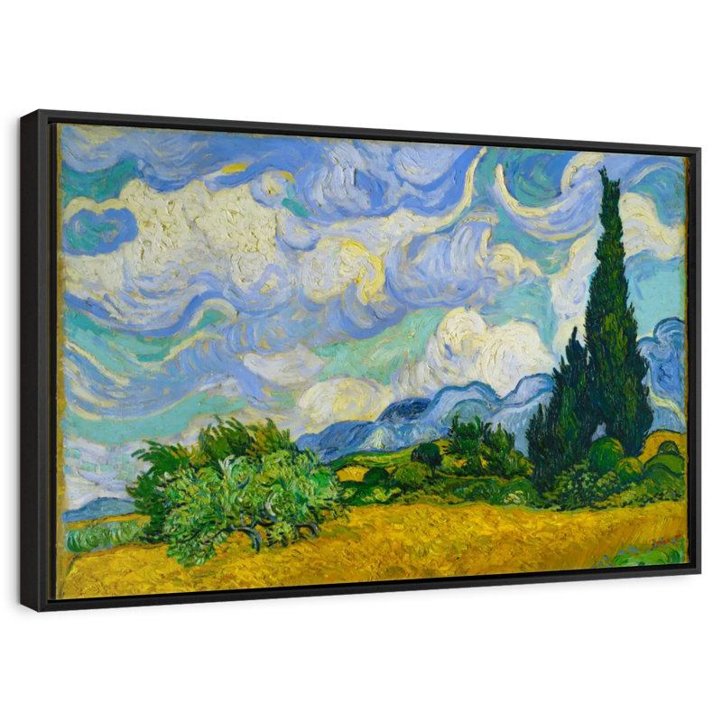 Champ de blé avec cyprès, Cadre flottant noir, 43 po x 29 po