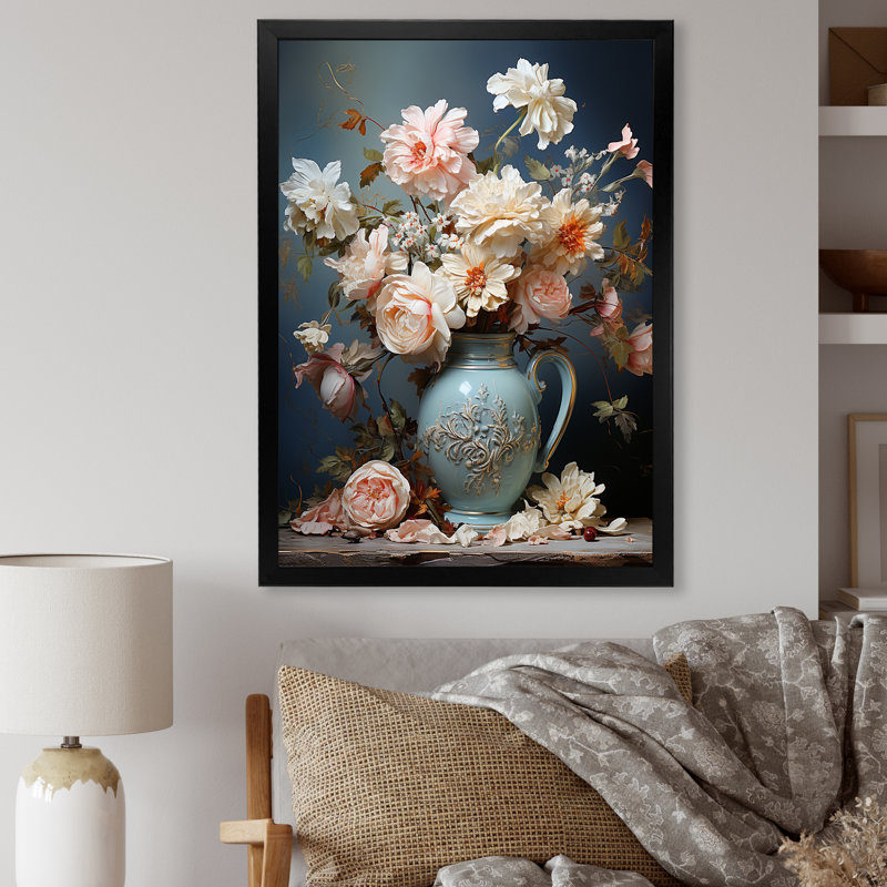 Décoration florale rose rococo raffinée - poterie bohème, Cadre simple noir, H 44 po x l 34 po x P 1,5 po