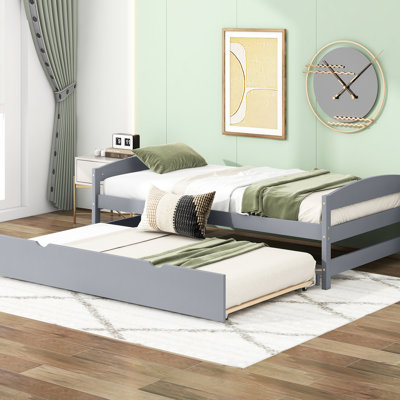 Twin Size Platform Bed With Trundle In Gray - Bedroom Space Practical Utility Maximization