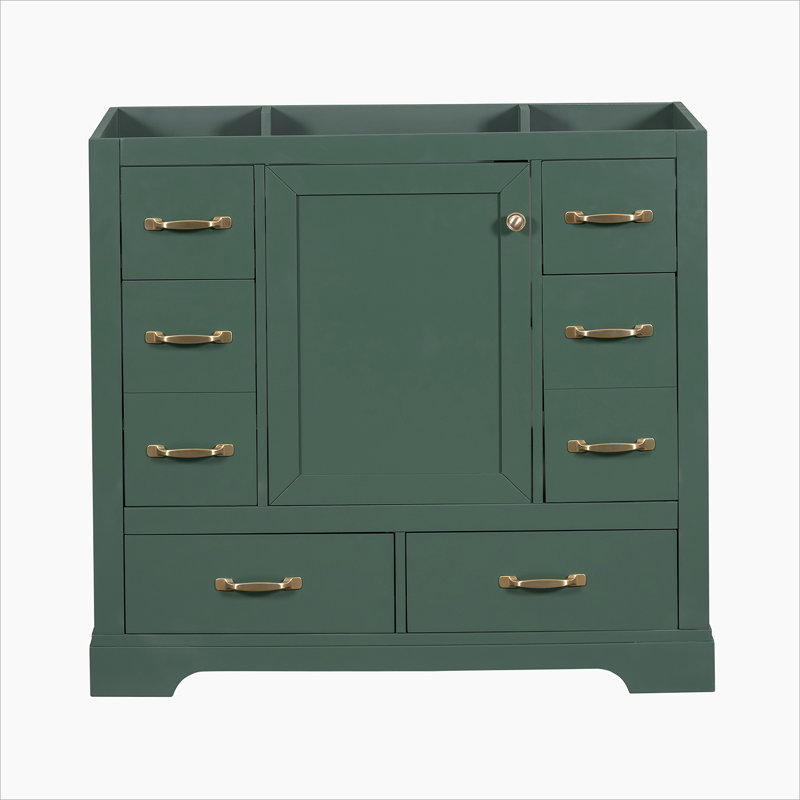 Green Solid Wood and MDF Freestanding Bathroom Vanity Base with Six Drawers