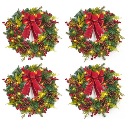 Ensemble de 4 couronnes de Noël pré-éclairées de 24 po, couronnes de pin rouge et vert avec ruban, 20 lumières DEL, 8 modes d'éclairage, alimenté par piles, décorations des Fêtes