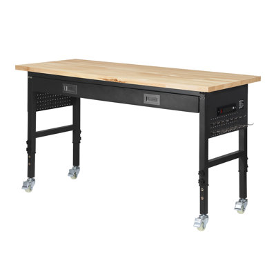 Établi réglable de 152 cm (60 po), capacité de charge de 680 kg (1 500 lb), établi de garage avec tiroir, prise électrique, roulettes et panneau perforé, plateau en chêne massif robuste, idéal pour le garage, l'atelier, le bureau et la maison.