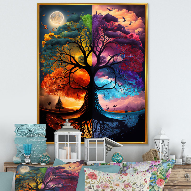 «Tree Of Life Day and Night II - Forest», reproduction sur toile, H 20 po x l 12 po x P 1 po, Cadre flottant doré