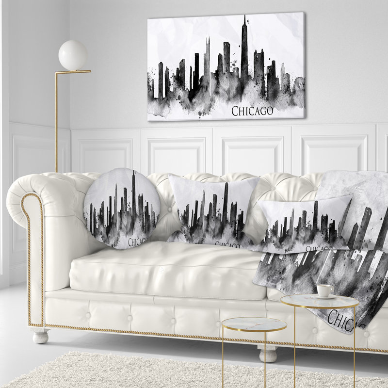 Coussin de silhouette cityscape painting chicago, 16 po x 1 po, Coussin décoratif, Noir