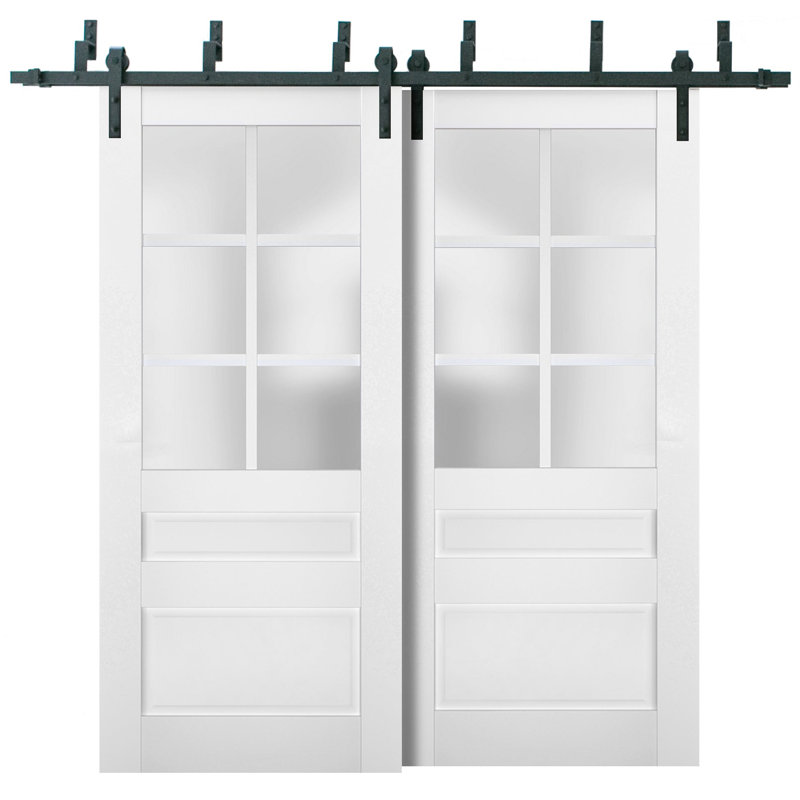 Portes coulissantes de style grange Veregio 7339 Blanc Soie avec verre dépoli, rails robustes de 2 m, quincaillerie incluse, portes de placard de chambre en bois massif