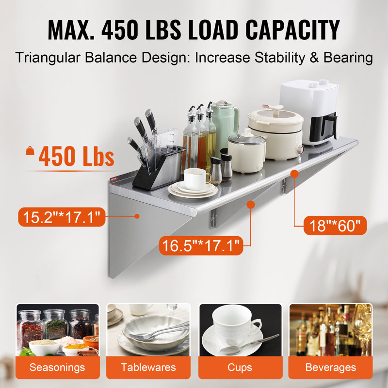 Heavy Duty Stainless Steel Wall Mounted Kitchen Shelf