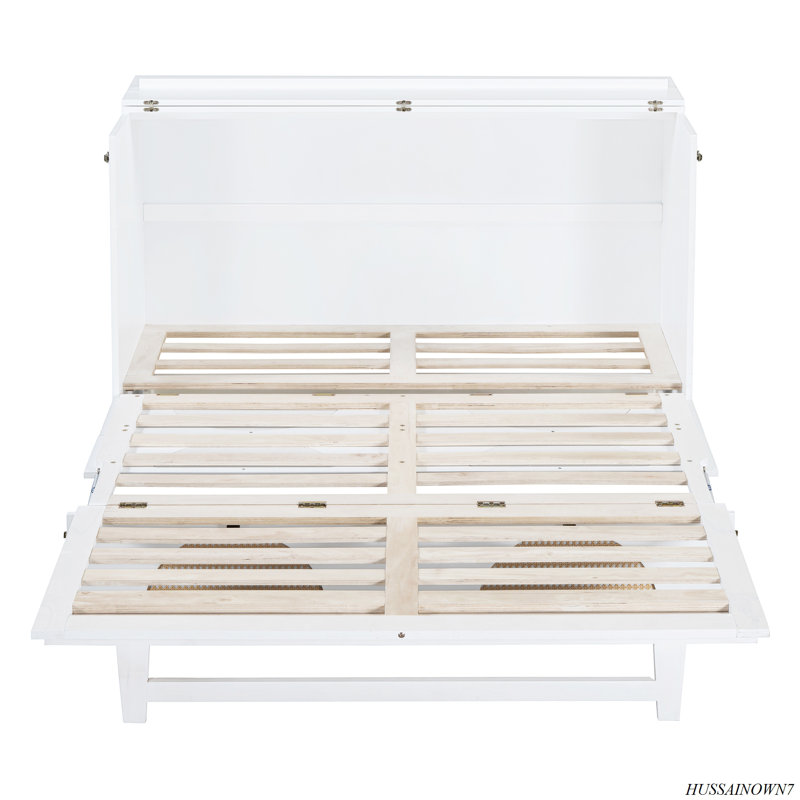 White Queen Murphy Bed with Rattan Headboard and Storage Drawer