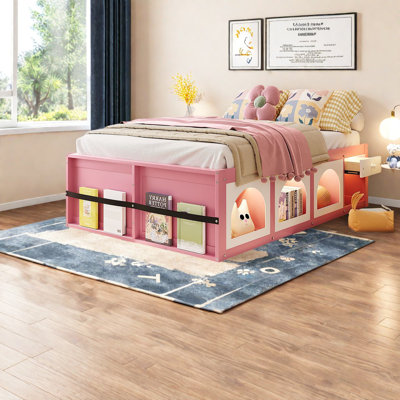 Lit plateforme double en bois avec rangement, design moderne rose et blanc