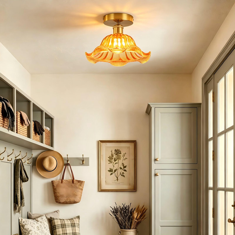  Morvan  Fluted Brushed Brass Glass Semi-Flush Mount Ceiling Light for Entryway, Amber
