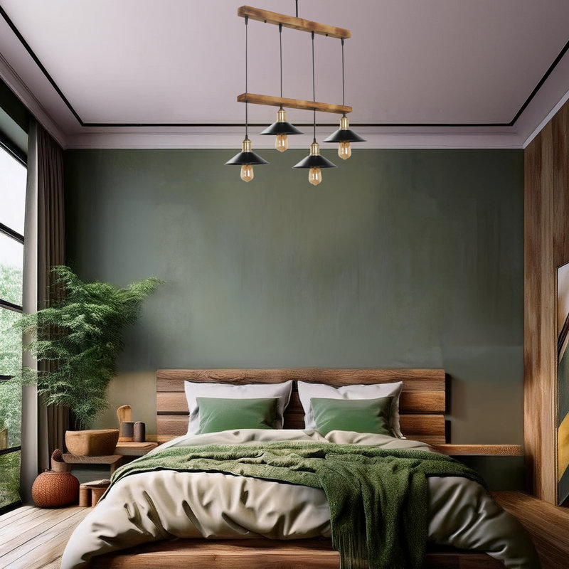 Lustre 4 lumières en bois à hauteur réglable avec capuchon en métal